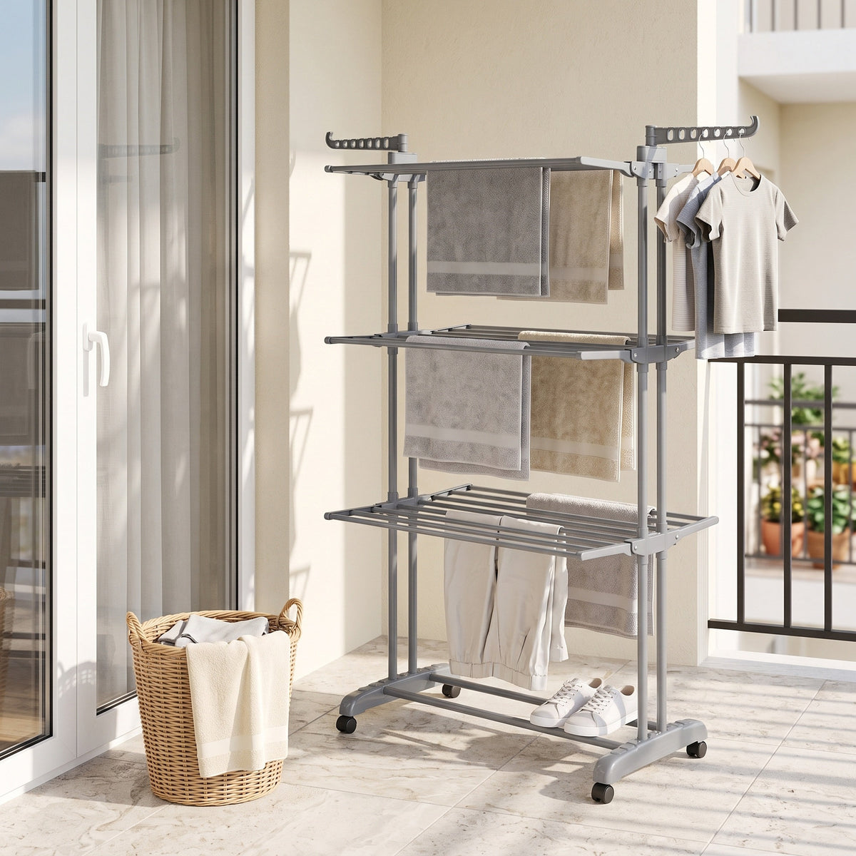 LEDREM 3-Tier Foldable Drying Rack, Stainless Steel Clothes Airer with Folding Wings, Indoor Outdoor Use, Gray