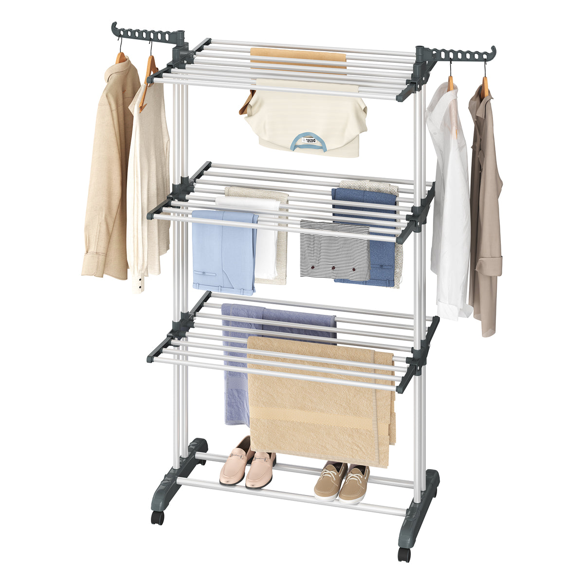 LEDREM 4-Tier Foldable Drying Rack, Stainless Steel Clothes Airer with Folding Wings, Indoor Outdoor Use, White