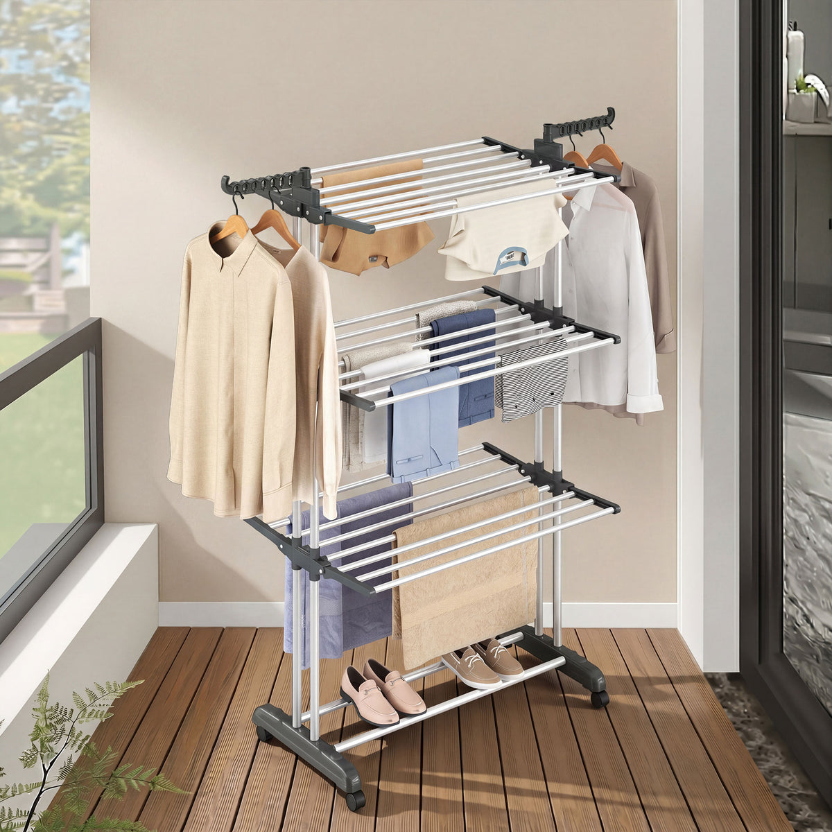 LEDREM 4-Tier Foldable Drying Rack, Stainless Steel Clothes Airer with Folding Wings, Indoor Outdoor Use, White