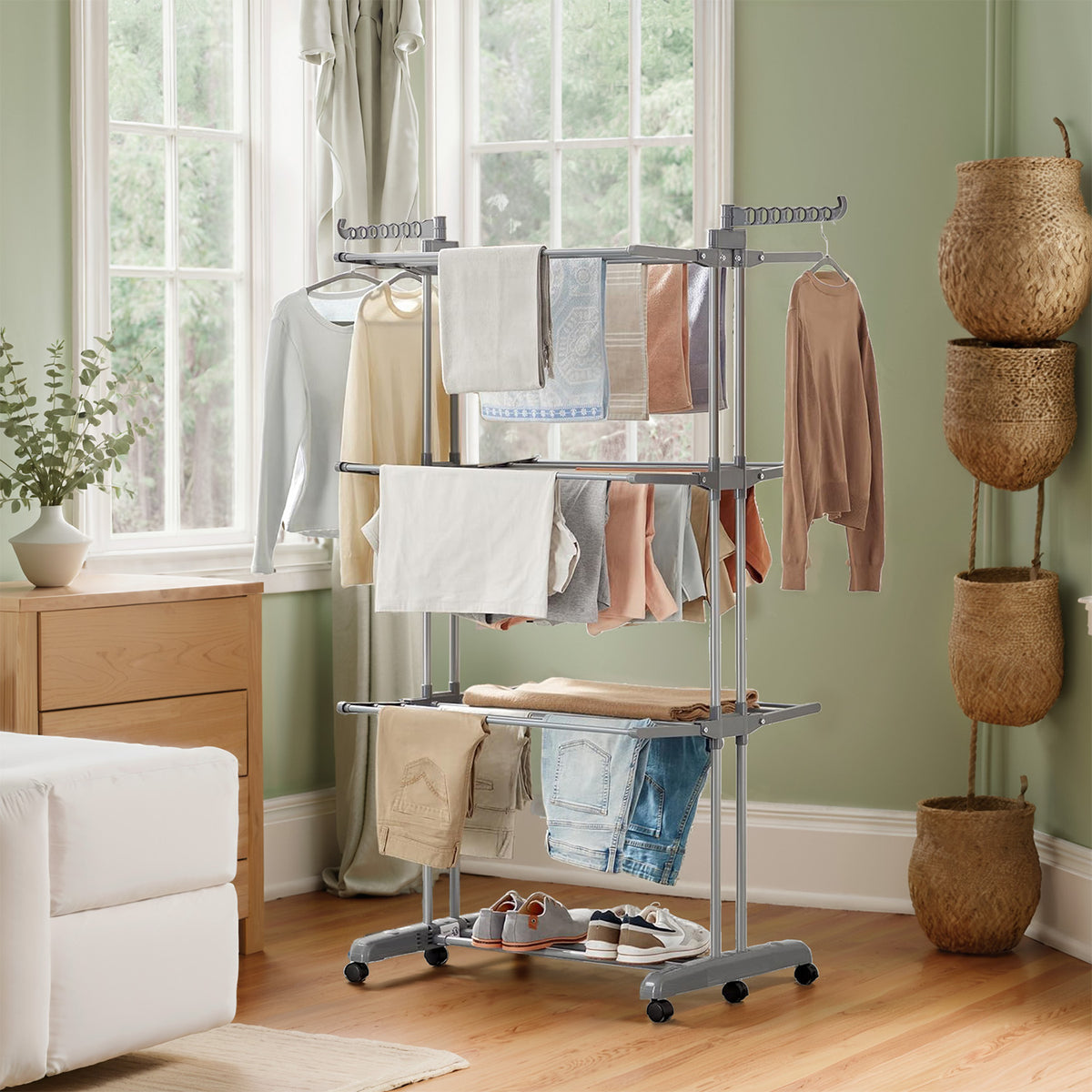 4-Tier Clothes Drying Rack, Foldable Laundry Rack 173 cm Tall, Stainless Steel, Rolling Clothing Airer for Indoor Outdoor Use, Dove Gray