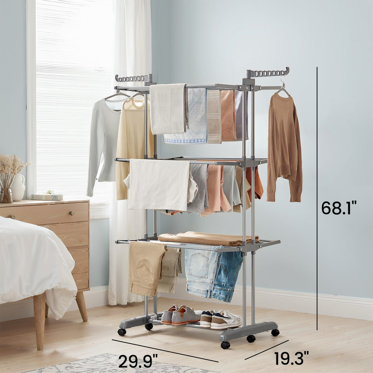 4-Tier Clothes Drying Rack, Foldable Laundry Rack 173 cm Tall, Stainless Steel, Rolling Clothing Airer for Indoor Outdoor Use, Dove Gray
