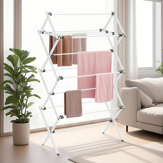 Foldable Steel Clothes Drying Rack, 12-Rod Laundry Airer for Indoor，Outdoor Use, Space-Saving Design, Easy Assembly & Storage, White