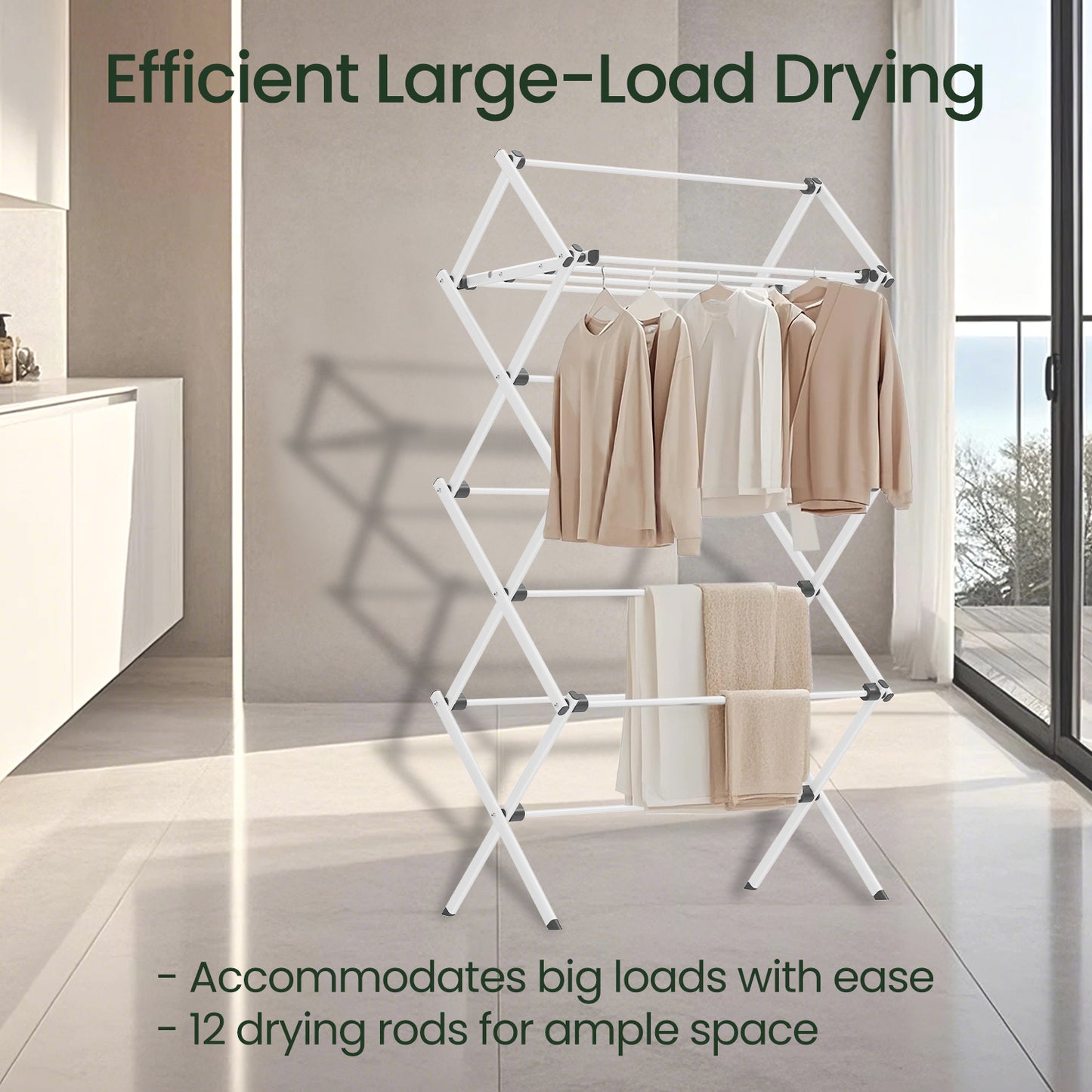 Foldable Steel Clothes Drying Rack, 12-Rod Laundry Airer for Indoor，Outdoor Use, Space-Saving Design, Easy Assembly & Storage, White