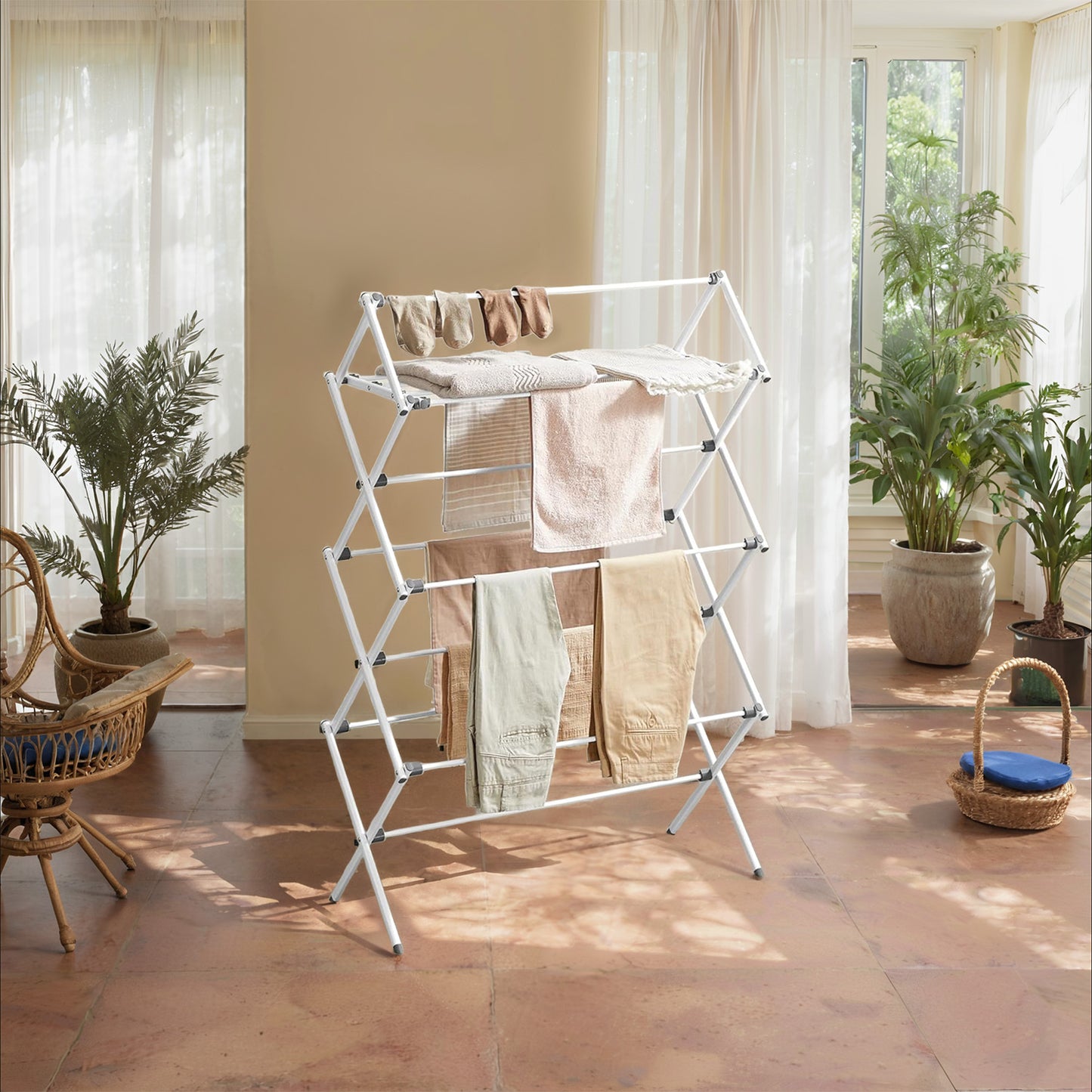 Foldable Clothes Drying Rack, 12 Rod Laundry Airer with Steel Frame, Indoor Outdoor Use, 36.6 x 53.2 Inches, Pearl White