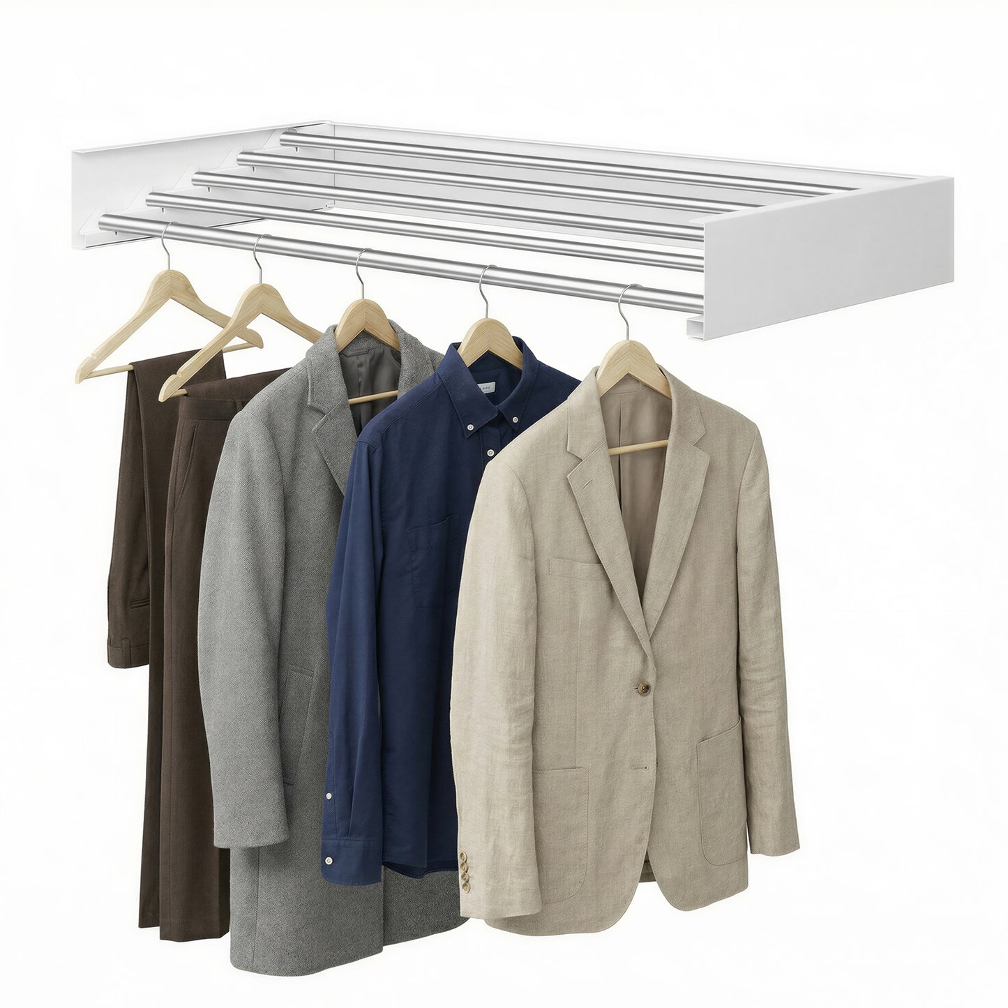 Wall-Mounted Foldable Clothes Drying Rack with Storage Shelf & 5 Hanging Rods, Magnetic Design, for Laundry Room Bathroom, Matte White & Silver