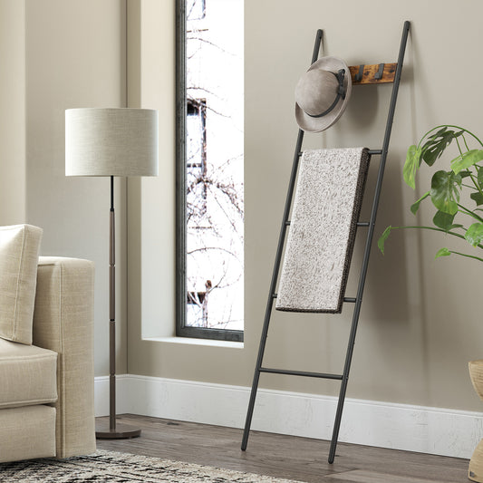 5-Tier Blanket Ladder Shelf, Industrial Metal Frame with 4 Hooks, Space-Saving Display for Blankets, Towels, Rustic Brown and Black