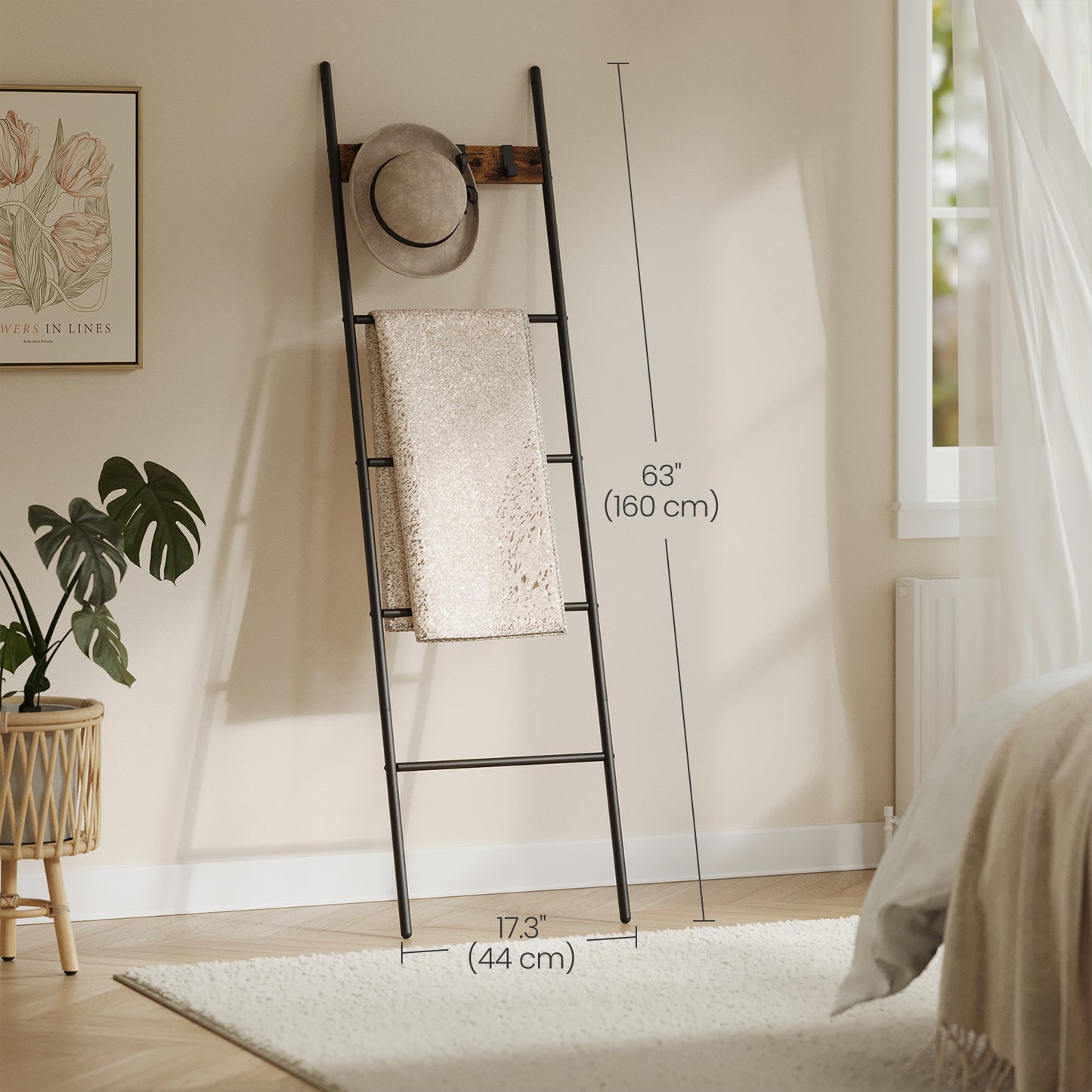 5-Tier Blanket Ladder Shelf, Industrial Metal Frame with 4 Hooks, Space-Saving Display for Blankets, Towels, Rustic Brown and Black