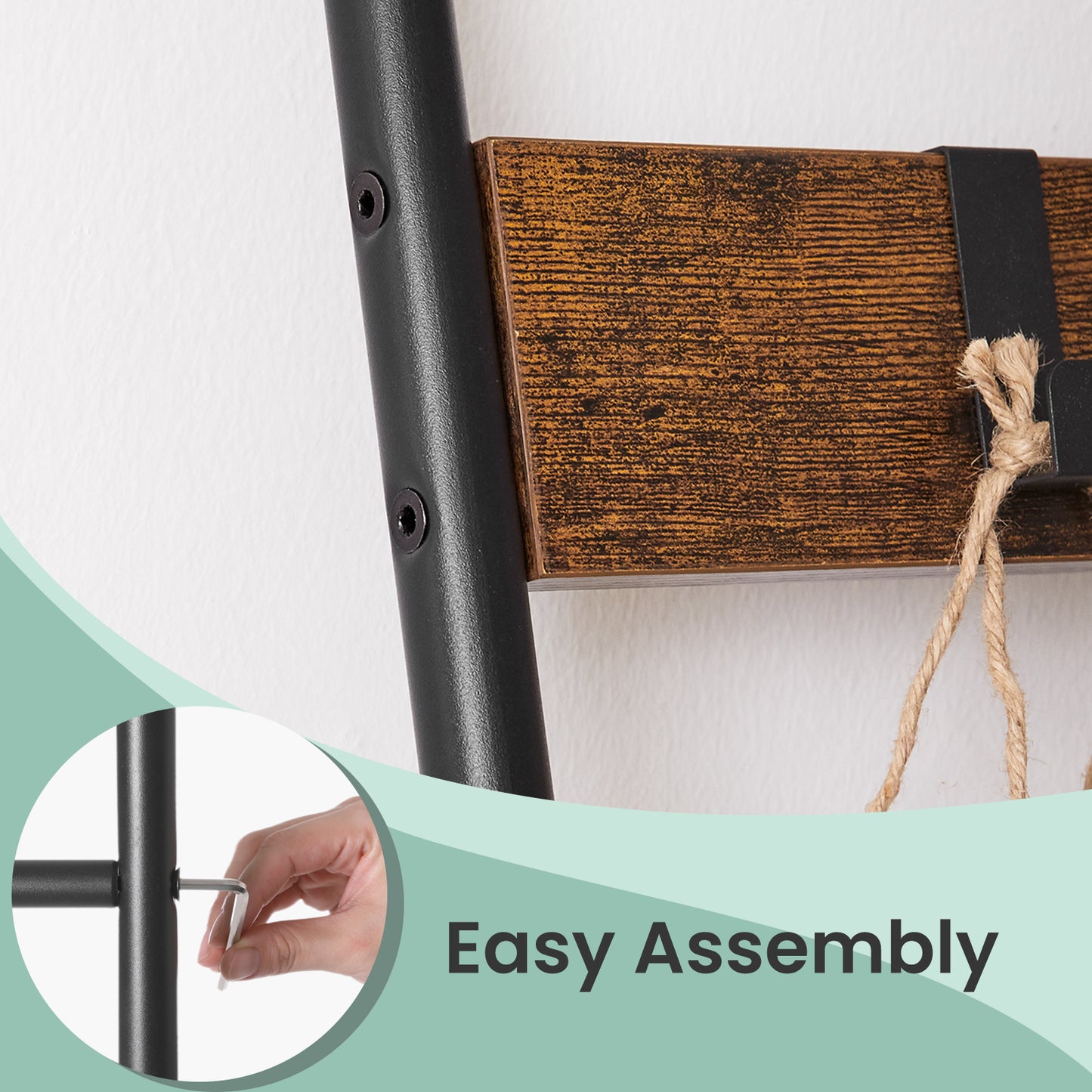5-Tier Blanket Ladder Shelf, Industrial Metal Frame with 4 Hooks, Space-Saving Display for Blankets, Towels, Rustic Brown and Black