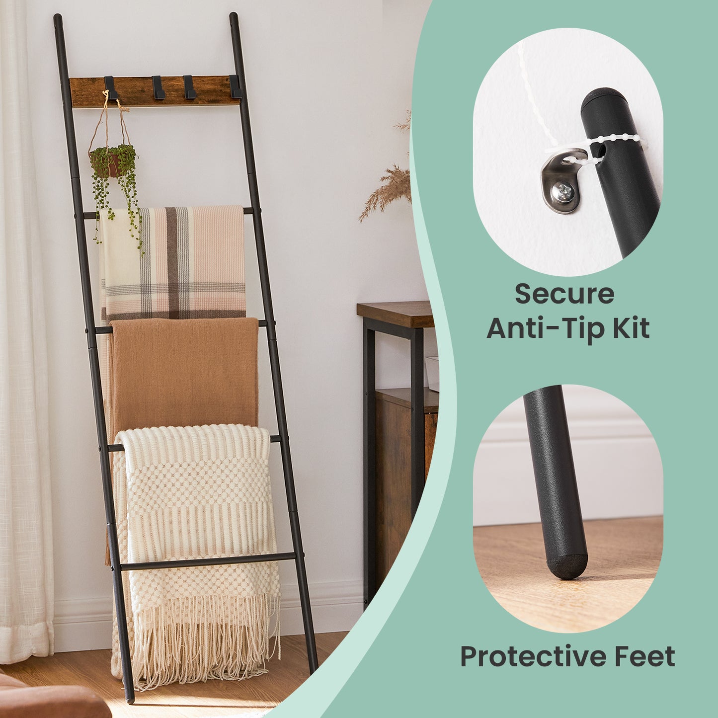 5-Tier Blanket Ladder Shelf, Industrial Metal Frame with 4 Hooks, Space-Saving Display for Blankets, Towels, Rustic Brown and Black