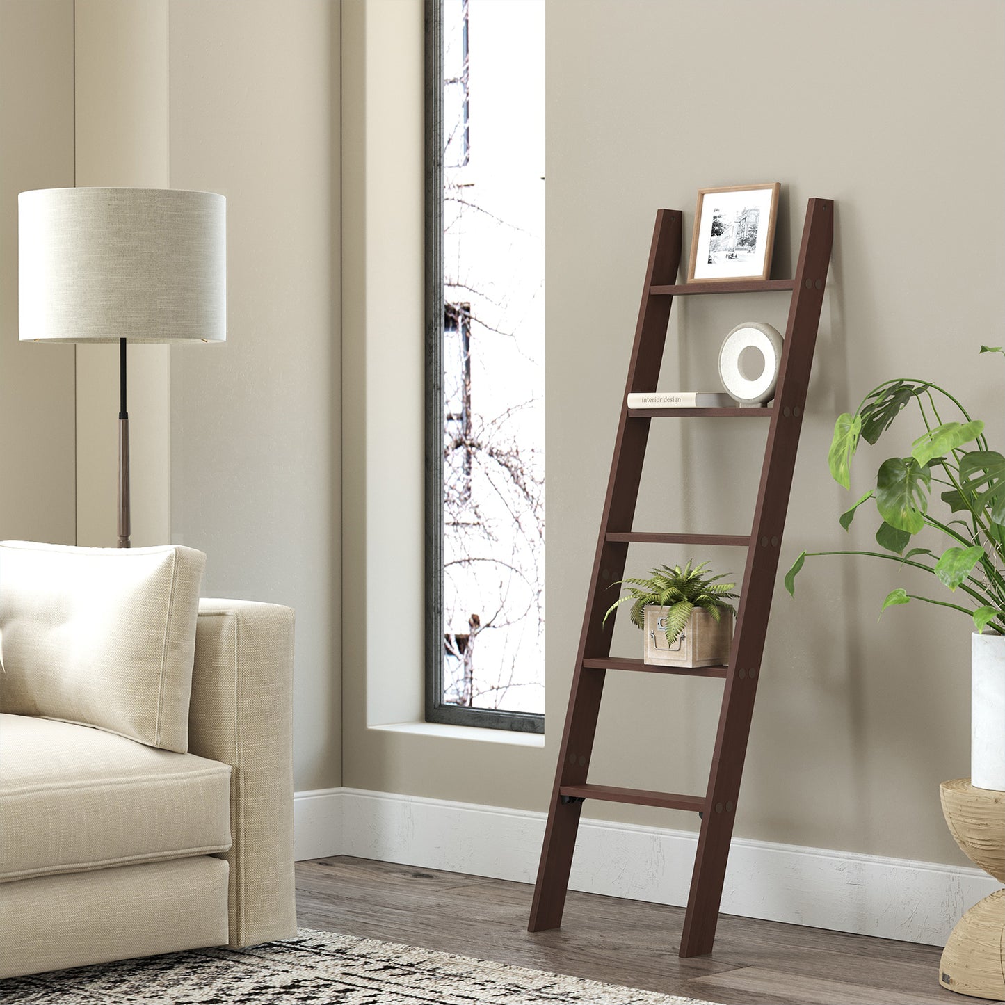 5-Tier Farmhouse Blanket Ladder, Decorative Storage Shelf with Felt Pads, Multi-Functional Display Rack, Maroon Brown