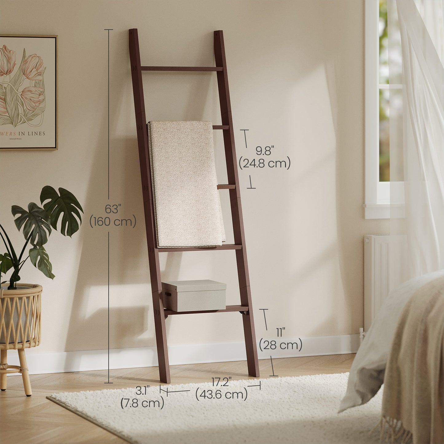 5-Tier Farmhouse Blanket Ladder, Decorative Storage Shelf with Felt Pads, Multi-Functional Display Rack, Maroon Brown