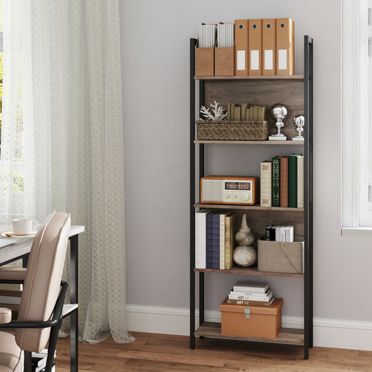 5-Tier Industrial Bookshelf - Steel Frame, 44lb Capacity, Anti-Tip Kit, Multi-Purpose Storage for Home or Office, Easy Assembly, Greige and Black