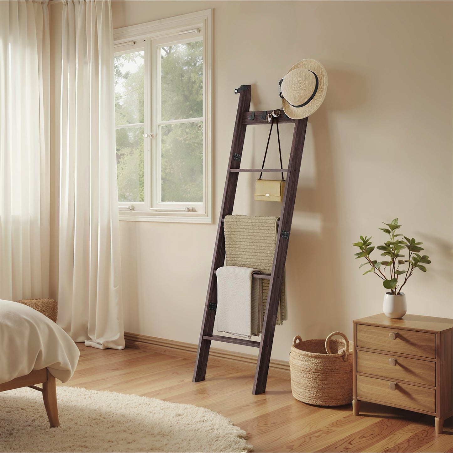 5-Tier Blanket Ladder Shelf with 4 Hooks, Farmhouse Storage Rack for Living Room Decor, Maroon Brown