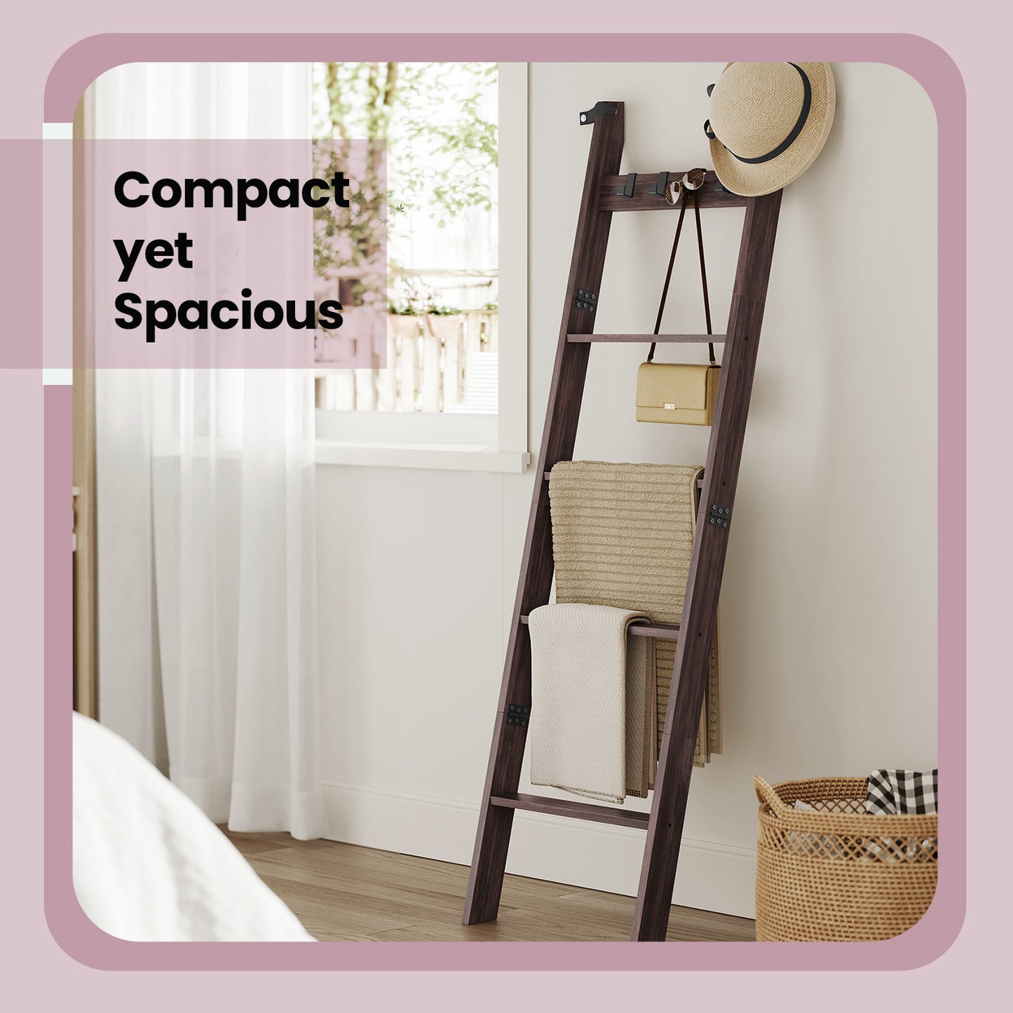 5-Tier Blanket Ladder Shelf with 4 Hooks, Farmhouse Storage Rack for Living Room Decor, Maroon Brown