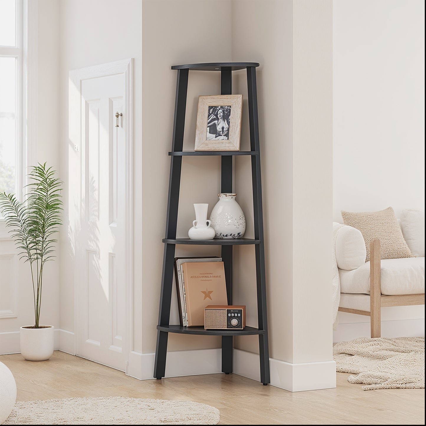 Corner Shelf Stand - 4-Tier Industrial Bookshelf, Space-Saving Design, 49.2" Tall, Charcoal Gray and Matte Black