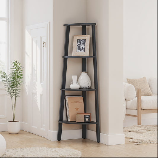 Corner Shelf Stand - 4-Tier Industrial Bookshelf, Space-Saving Design, 49.2" Tall, Charcoal Gray and Matte Black