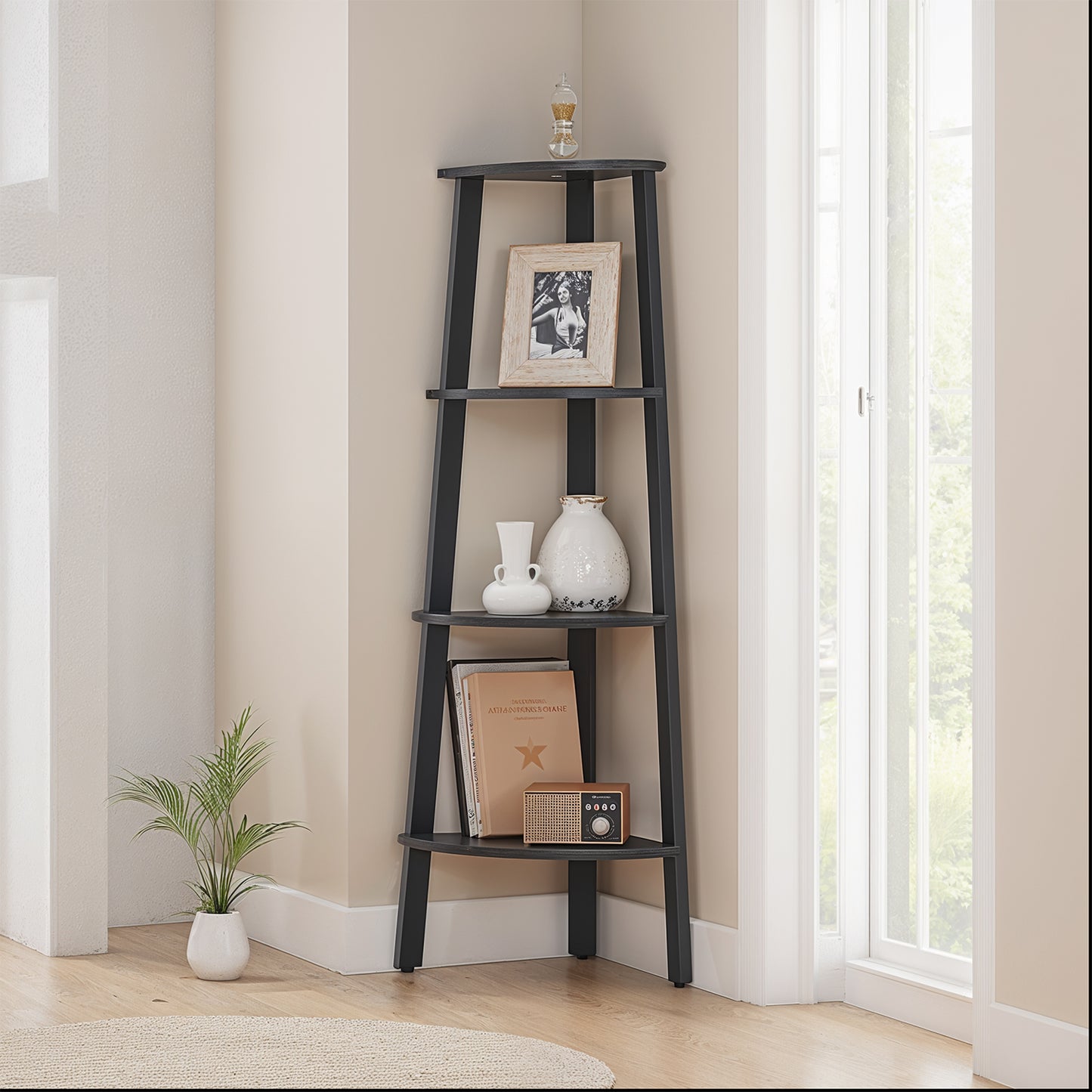 Corner Shelf Stand - 4-Tier Industrial Bookshelf, Space-Saving Design, 49.2" Tall, Charcoal Gray and Matte Black