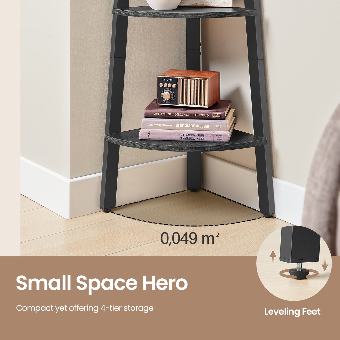 Corner Shelf Stand - 4-Tier Industrial Bookshelf, Space-Saving Design, 49.2" Tall, Charcoal Gray and Matte Black