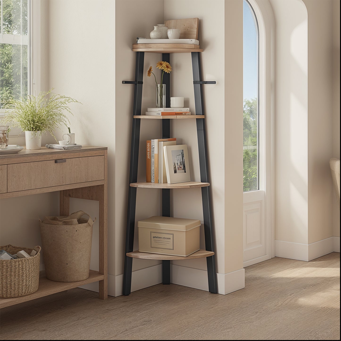 Corner Shelf Stand - 4-Tier Industrial Ladder Shelf, Space-Saving Design for Plants, Books, Easy Assembly, Greige and Black