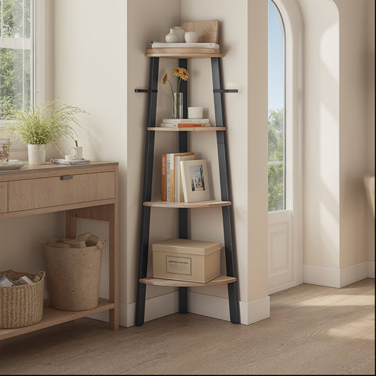 Corner Shelf Stand - 4-Tier Industrial Ladder Shelf, Space-Saving Design for Plants, Books, Easy Assembly, Greige and Black