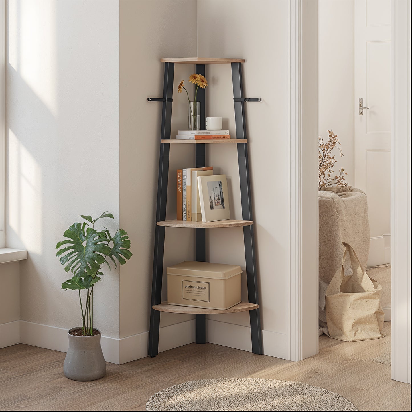 Corner Shelf Stand - 4-Tier Industrial Ladder Shelf, Space-Saving Design for Plants, Books, Easy Assembly, Greige and Black