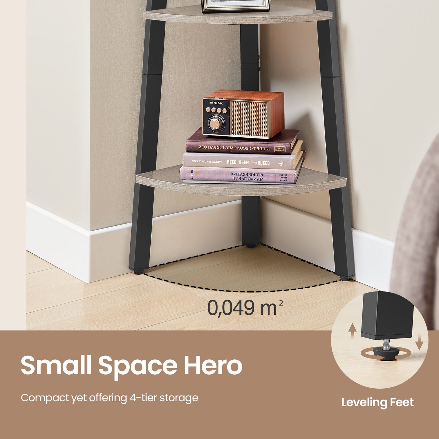 Corner Shelf Stand - 4-Tier Industrial Ladder Shelf, Space-Saving Design for Plants, Books, Easy Assembly, Greige and Black