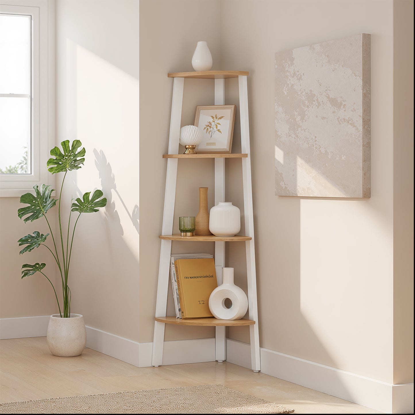 Corner Shelf Stand - 4-Tier Industrial Bookshelf, Space-Saving Design, 49.2" Tall, Natural Oak and Matte White