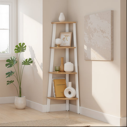 Corner Shelf Stand - 4-Tier Industrial Bookshelf, Space-Saving Design, 49.2" Tall, Natural Oak and Matte White