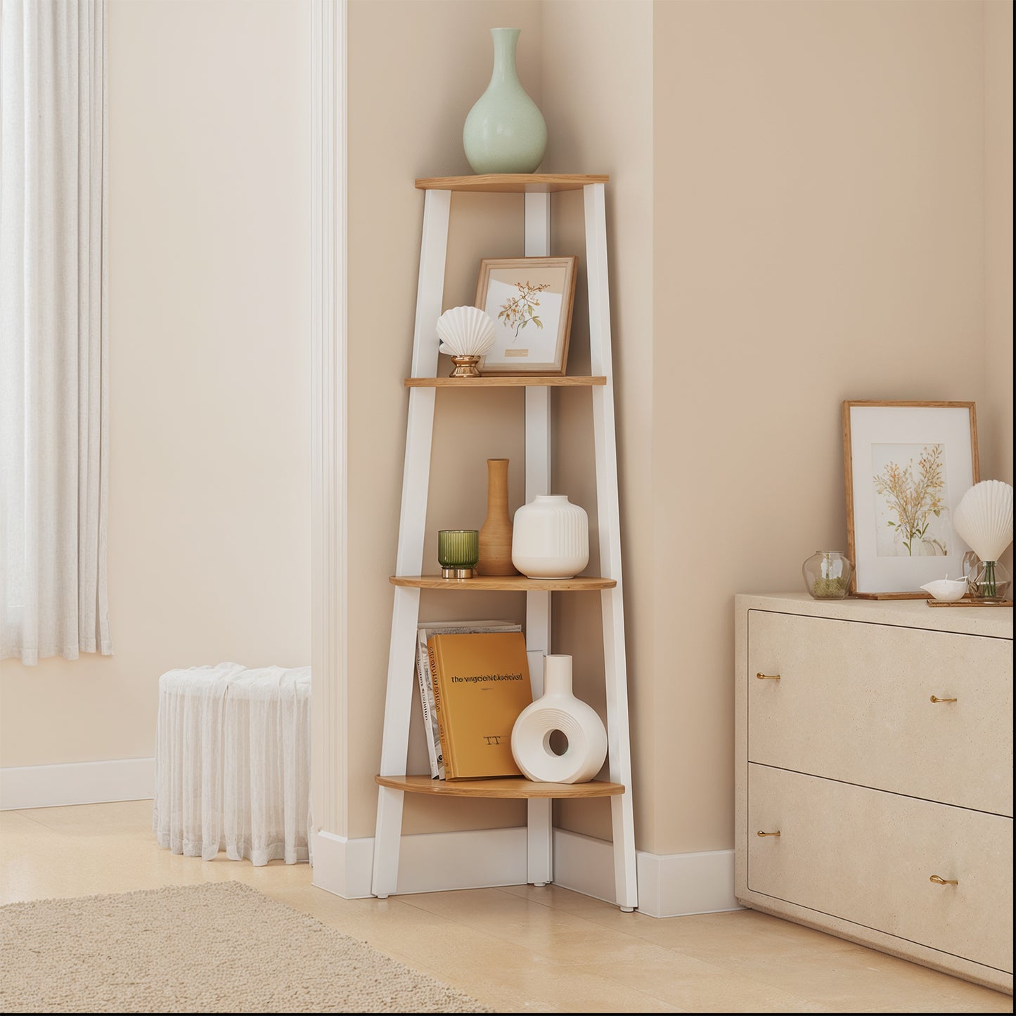 Corner Shelf Stand - 4-Tier Industrial Bookshelf, Space-Saving Design, 49.2" Tall, Natural Oak and Matte White