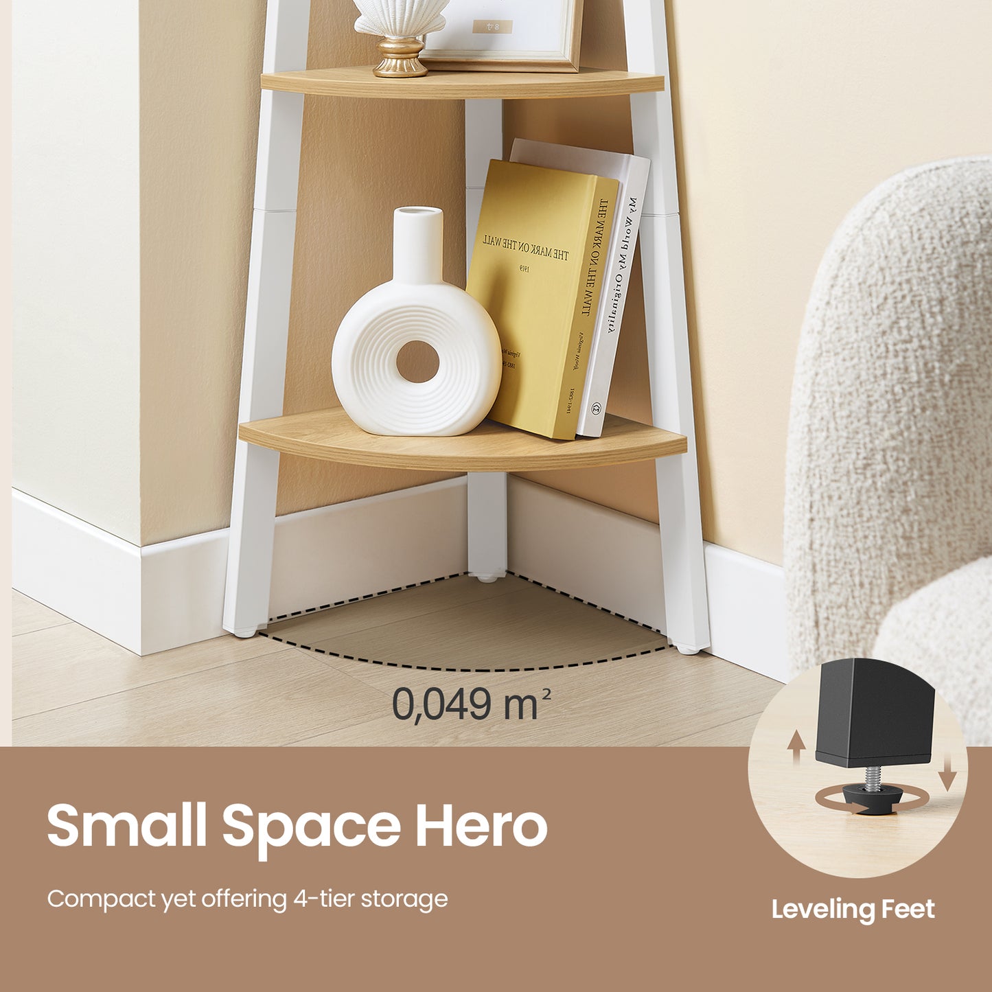 Corner Shelf Stand - 4-Tier Industrial Bookshelf, Space-Saving Design, 49.2" Tall, Natural Oak and Matte White