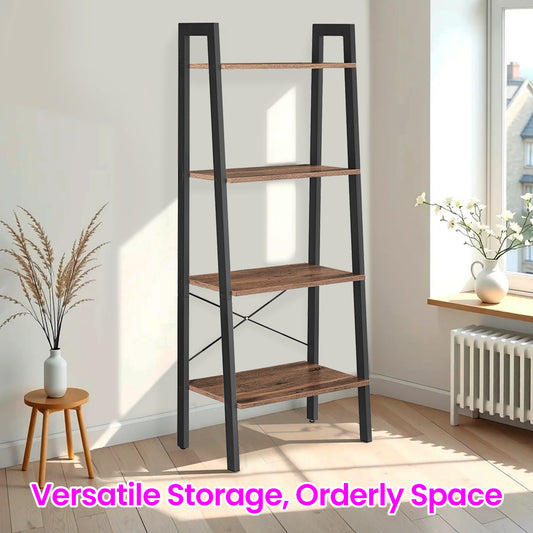 4-Tier Ladder Shelf - Industrial Steel Frame Bookcase, Multi-Purpose Storage Rack for Living Room, Office, Bedroom, Hazelnut Brown and Ink Black