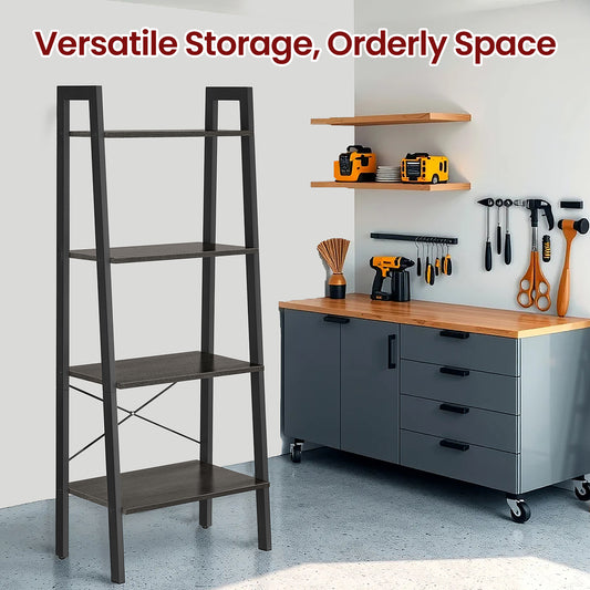 4-Tier Ladder Shelf - Steel Frame Storage Rack, Multi-Purpose Bookcase for Home, Office, Easy Assembly, Charcoal Gray and Ink Black