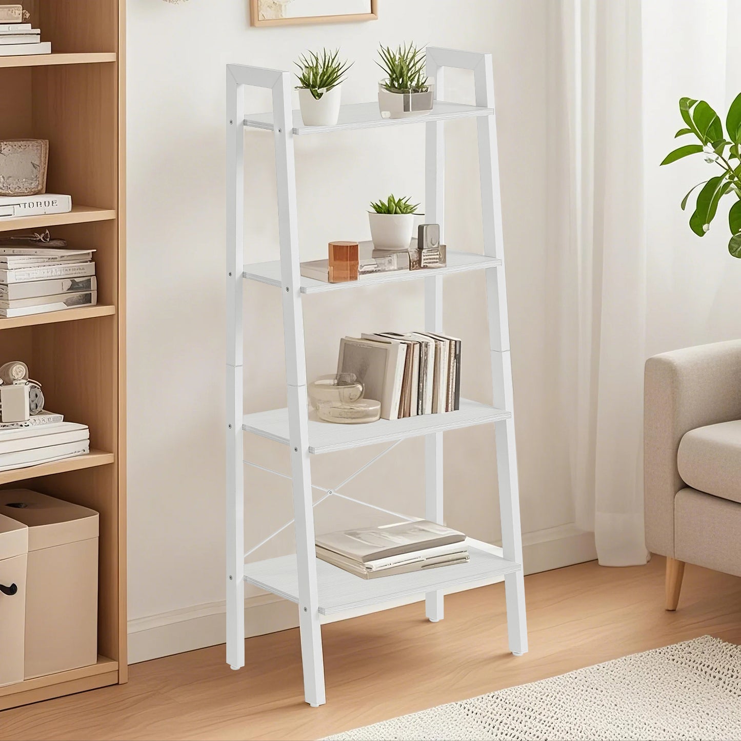 4-Tier Ladder Shelf with Steel Frame, 13.6"D x 22"W Storage Rack for Living Room, Home Office & Kitchen, Industrial Style, Maple White and Pearl White