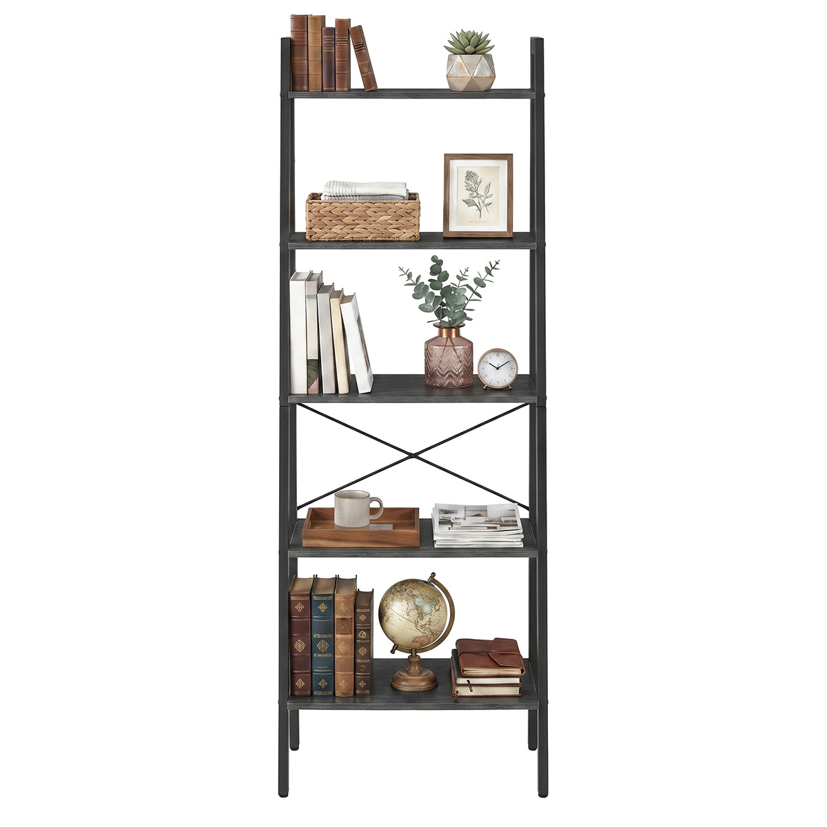 LEDREM 5-Tier Bookcase, Modern basic Bookshelf with Steel Frame, Storage Rack for Bedroom, Living Room, Black