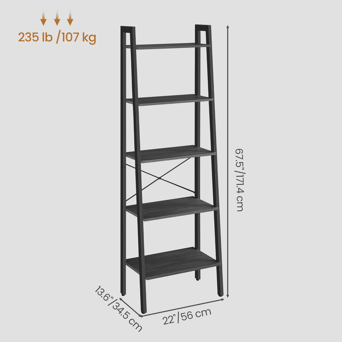 LEDREM 5-Tier Bookcase, Modern basic Bookshelf with Steel Frame, Storage Rack for Bedroom, Living Room, Black