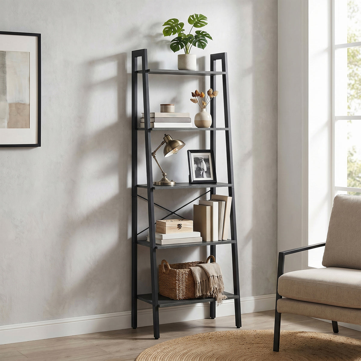LEDREM 5-Tier Bookcase, Modern basic Bookshelf with Steel Frame, Storage Rack for Bedroom, Living Room, Black