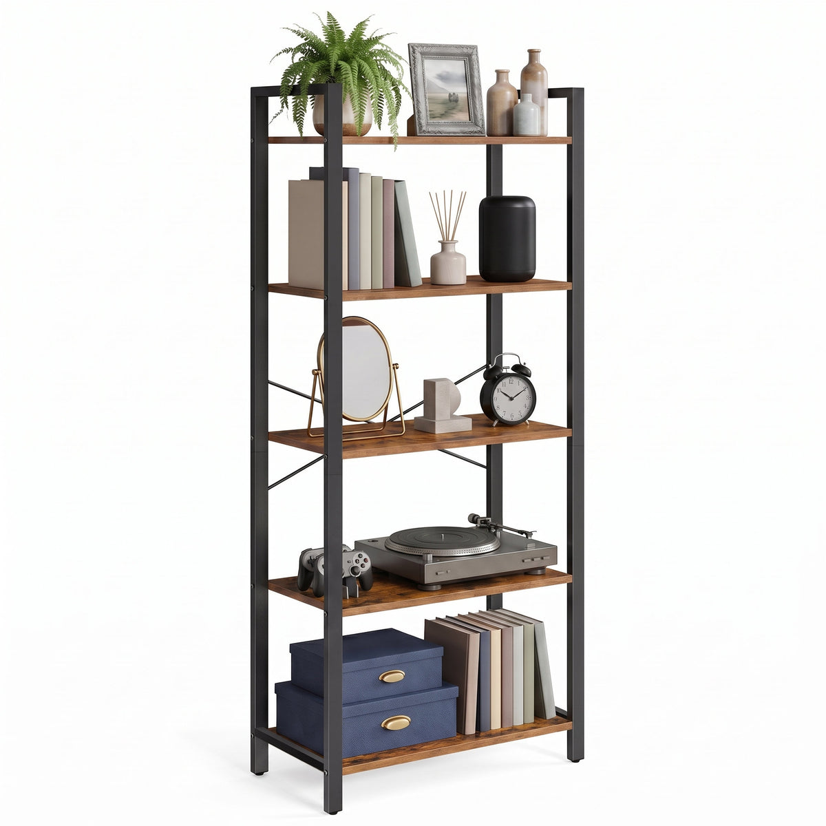 LEDREM 5-Tier Bookshelf, Modern basic Storage Shelf for Living Room, 26 x 11.8 x 59.9 inches, Tan and Black
