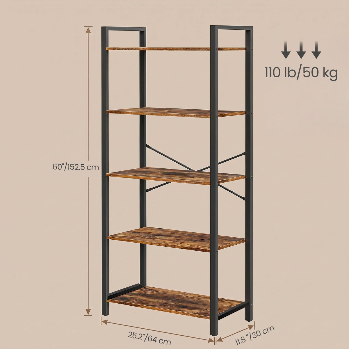 LEDREM 5-Tier Bookshelf, Modern basic Storage Shelf for Living Room, 26 x 11.8 x 59.9 inches, Tan and Black