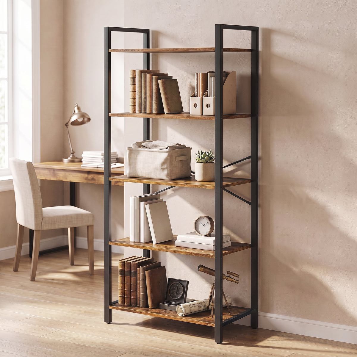 LEDREM 5-Tier Bookshelf, Modern basic Storage Shelf for Living Room, 26 x 11.8 x 59.9 inches, Tan and Black