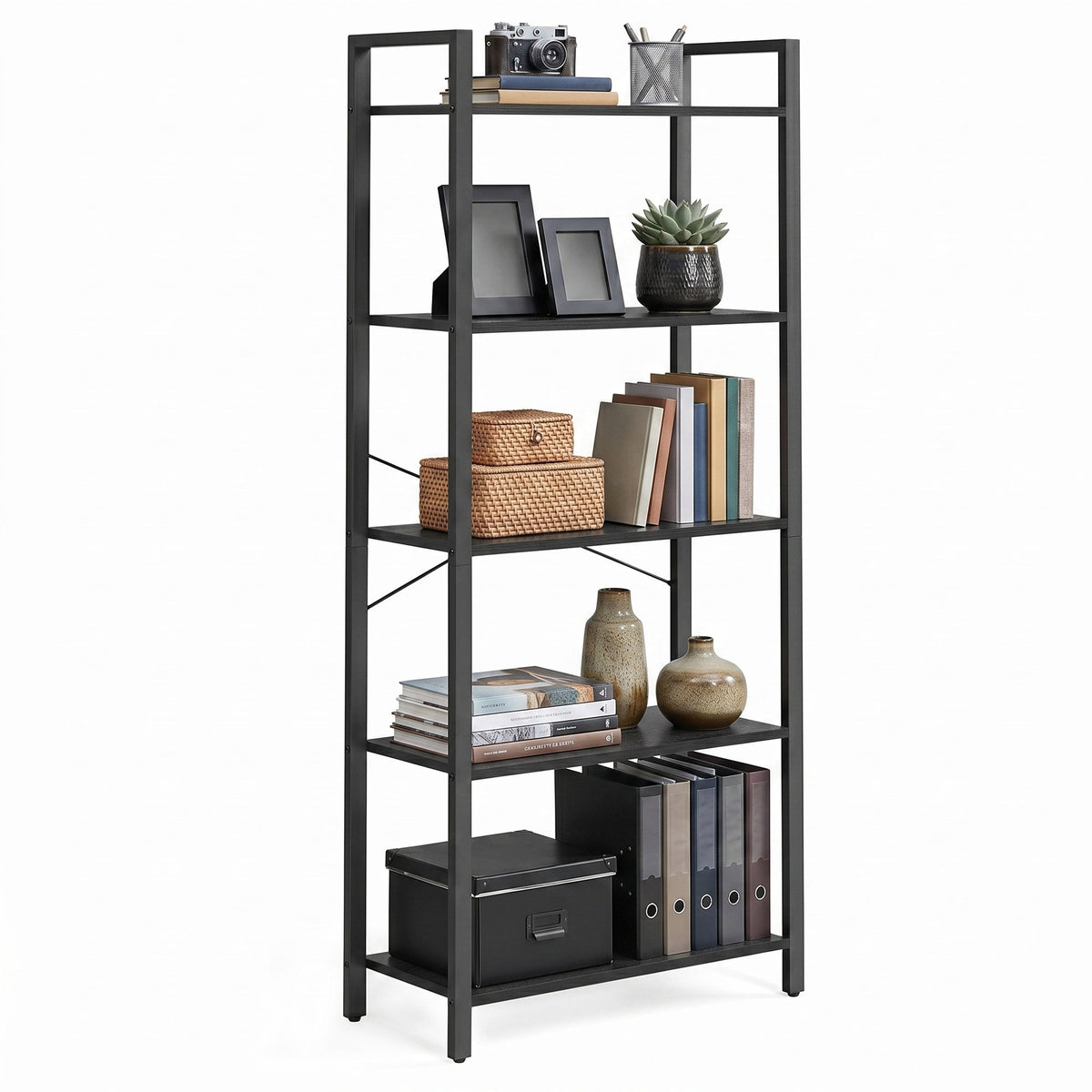 LEDREM 5-Tier Bookshelf, Bookcase, Shelving Unit, for Office, Study, Living Room, Bedroom, 64 x 30 x 152.5 cm, Modern basic, Black