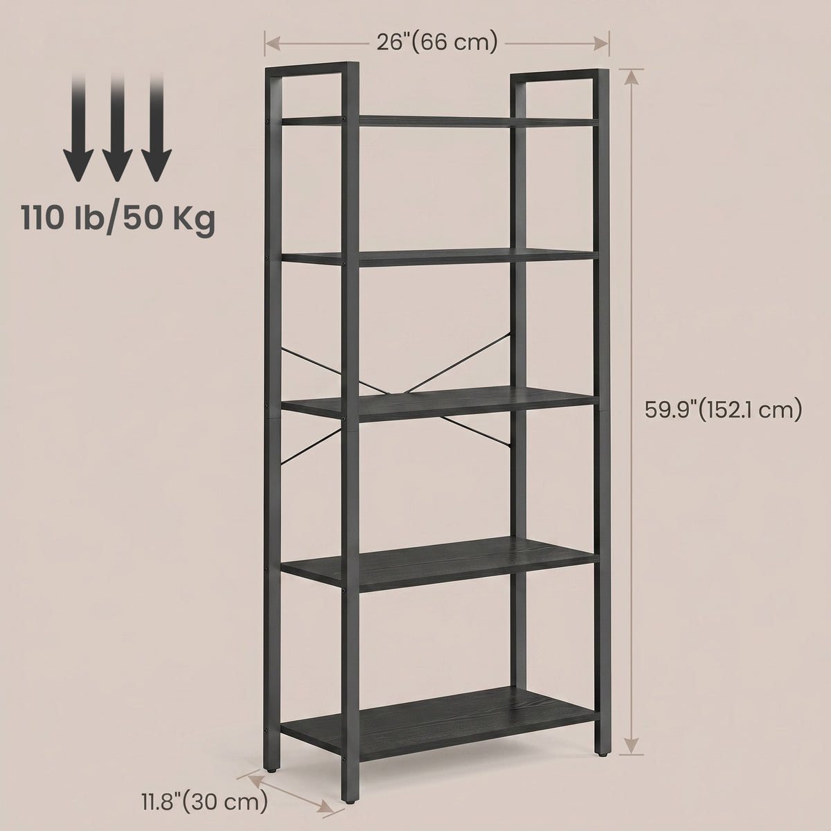 LEDREM 5-Tier Bookshelf, Bookcase, Shelving Unit, for Office, Study, Living Room, Bedroom, 64 x 30 x 152.5 cm, Modern basic, Black