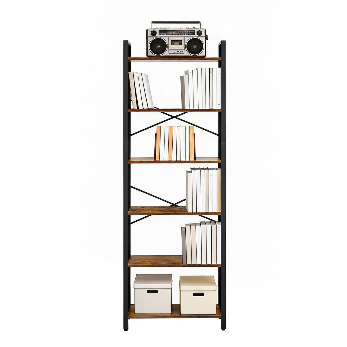LEDREM 6-Tier Bookshelf, Bookcase, Shelving Unit, for Office, Study, Living Room, Bedroom, 30 x 66 x 186 cm, Industrial, Greige and Black