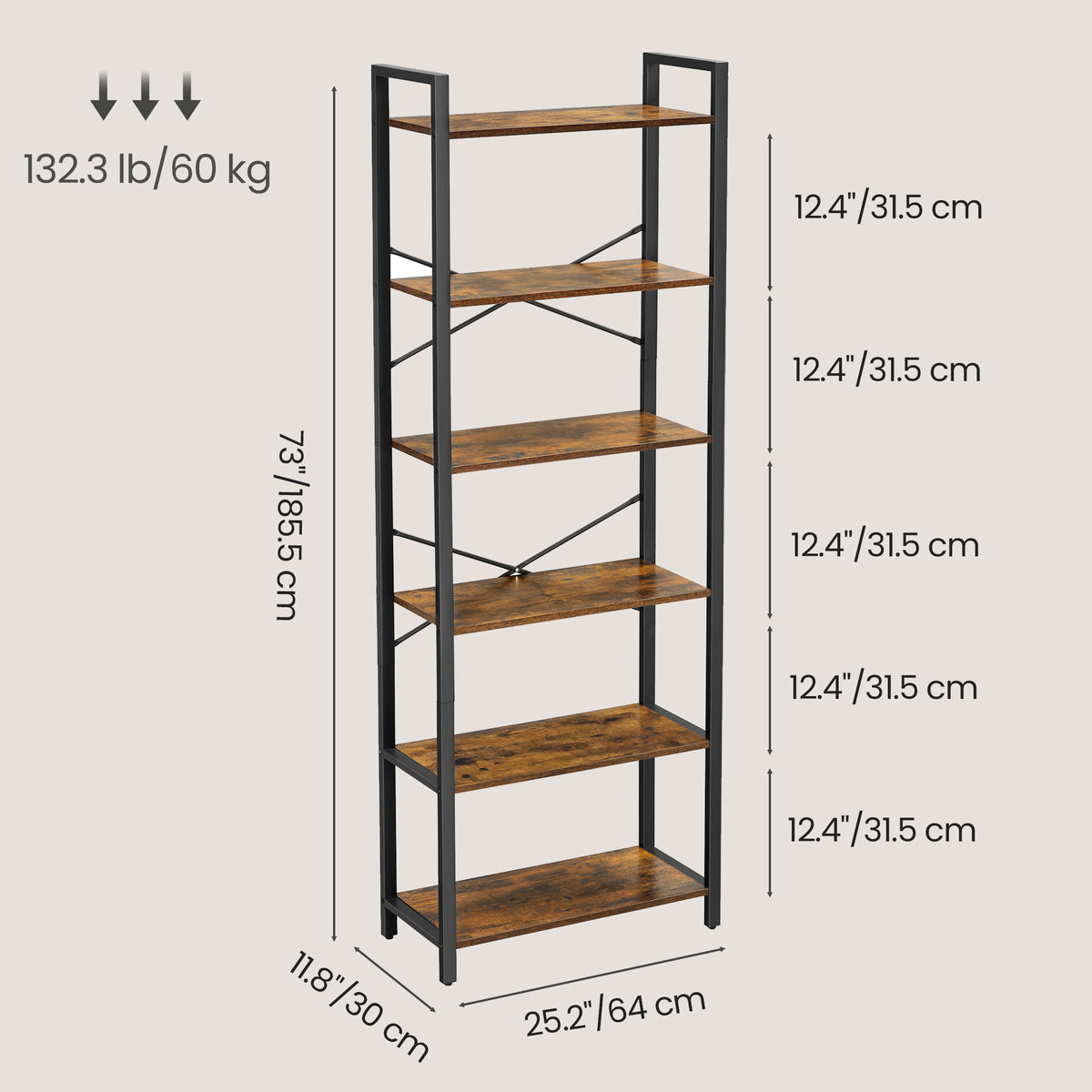 LEDREM 6-Tier Bookshelf, Bookcase, Shelving Unit, for Office, Study, Living Room, Bedroom, 30 x 66 x 186 cm, Industrial, Greige and Black