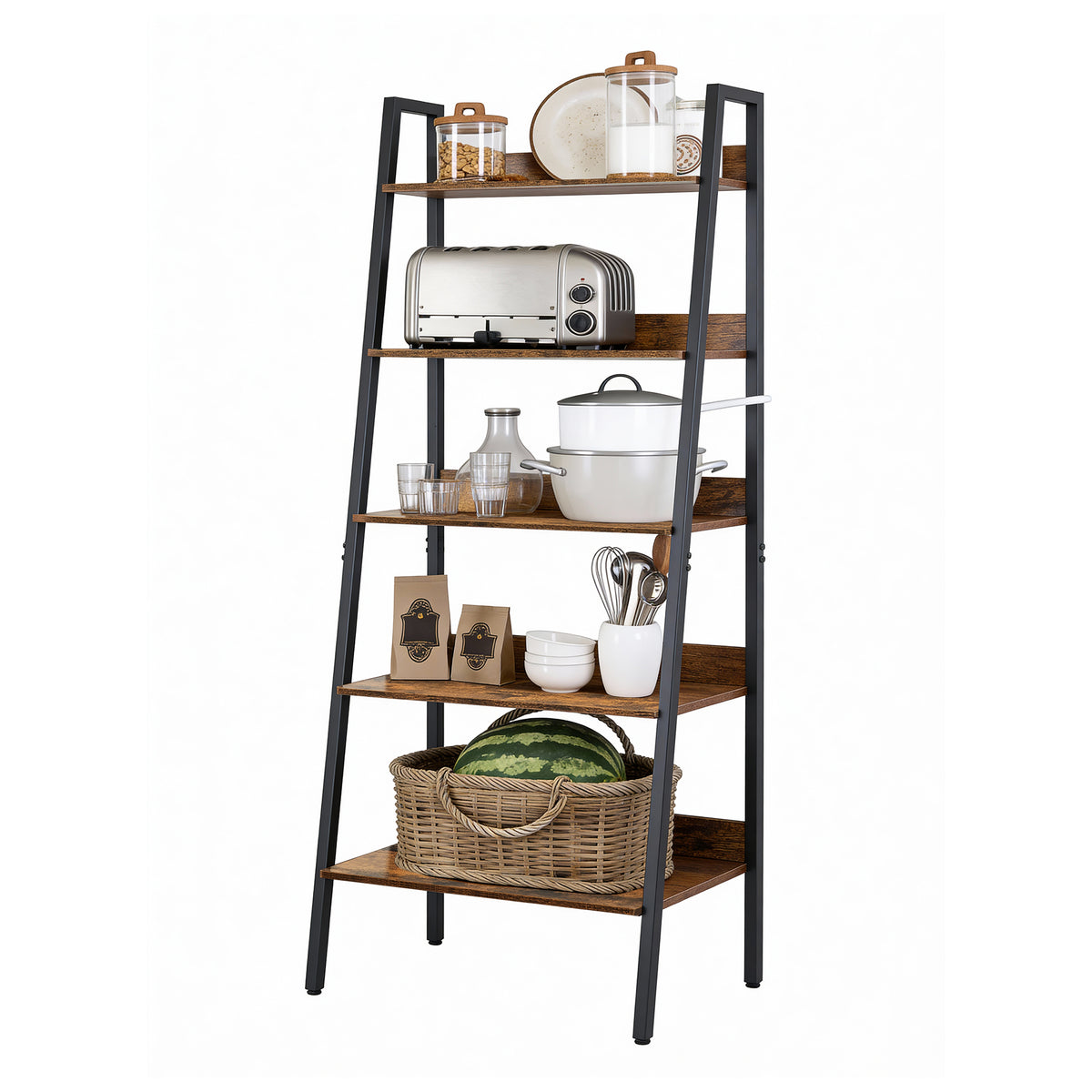 LEDREM 5 Tier Storage Rack, Industrial Bookcase with Steel Frame, Freestanding Shelf for Living Room or Kitchen, Easy Assembly, Rustic Brown and Matte Black
