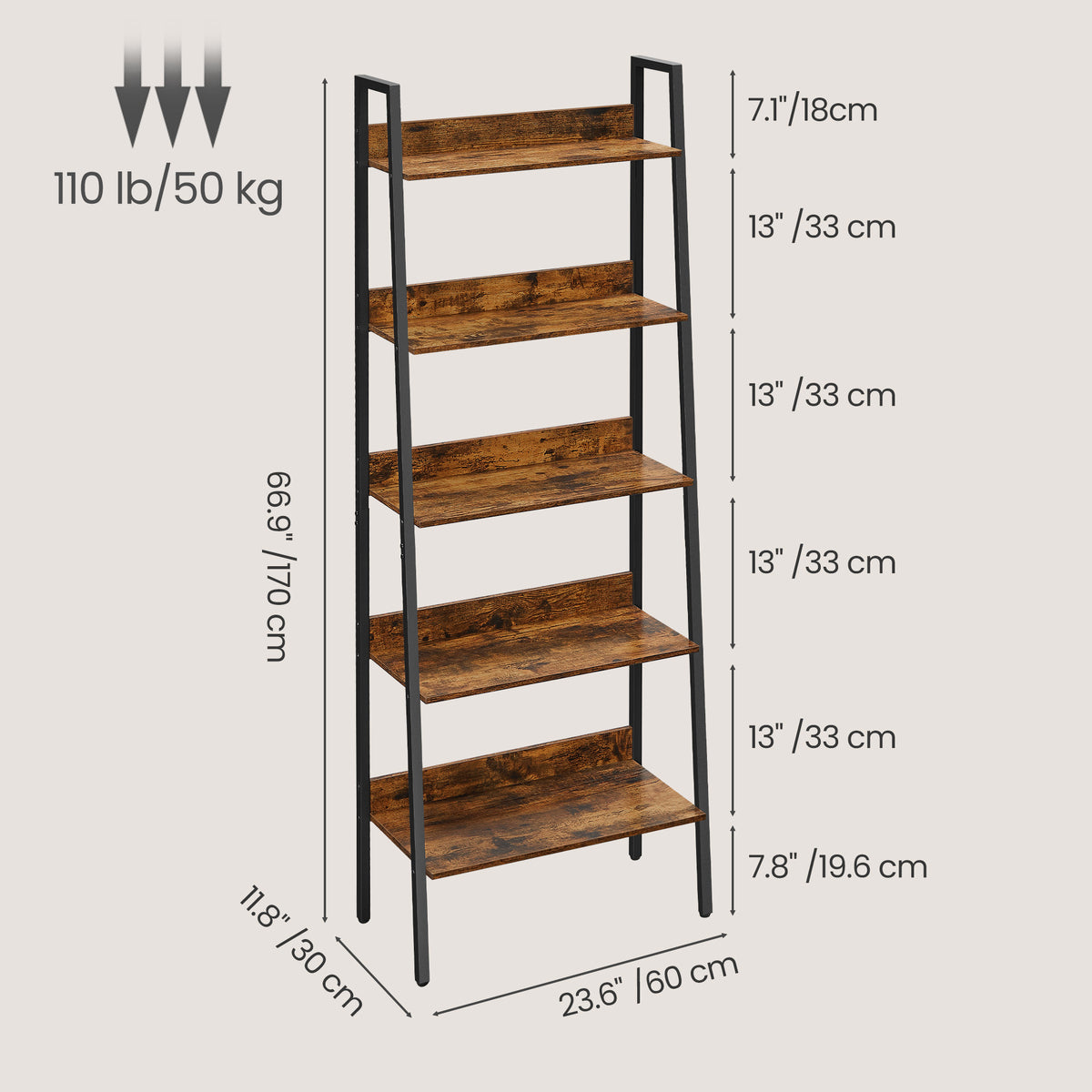 LEDREM 5 Tier Storage Rack, Industrial Bookcase with Steel Frame, Freestanding Shelf for Living Room or Kitchen, Easy Assembly, Rustic Brown and Matte Black
