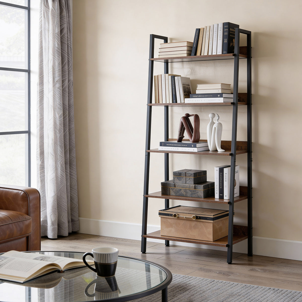 LEDREM 5 Tier Storage Rack, Industrial Bookcase with Steel Frame, Freestanding Shelf for Living Room or Kitchen, Easy Assembly, Rustic Brown and Matte Black