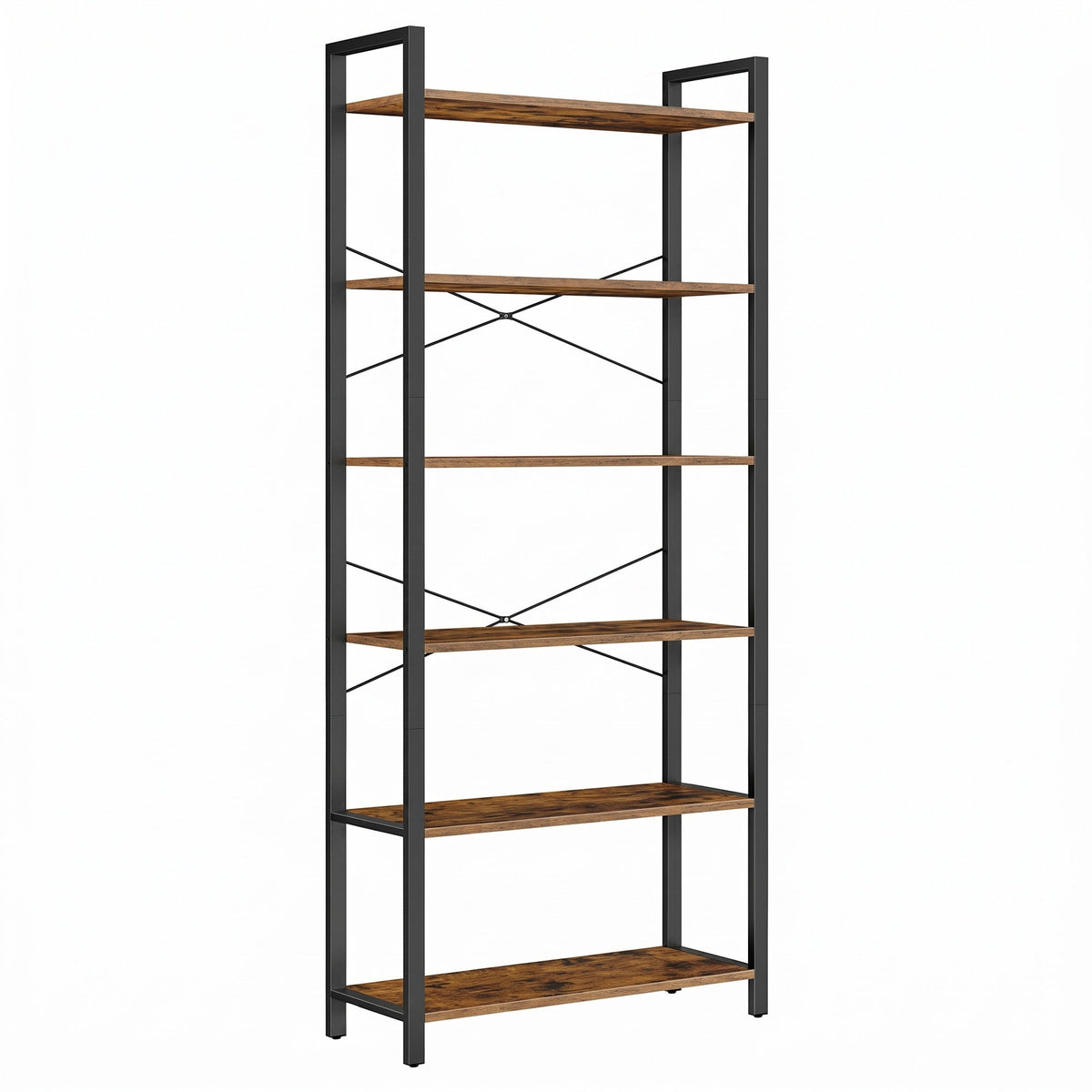 LEDREM 6-Tier Bookshelf, Freestanding Bookcase for Home Office, Living Room, Industrial, Rustic Brown and Matte Black