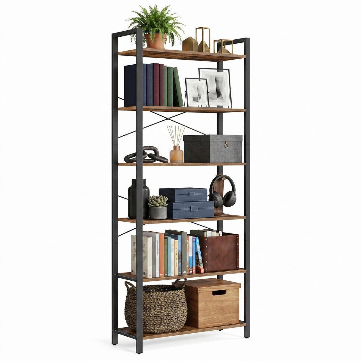 LEDREM 6-Tier Bookshelf, Freestanding Bookcase for Home Office, Living Room, Industrial, Rustic Brown and Matte Black