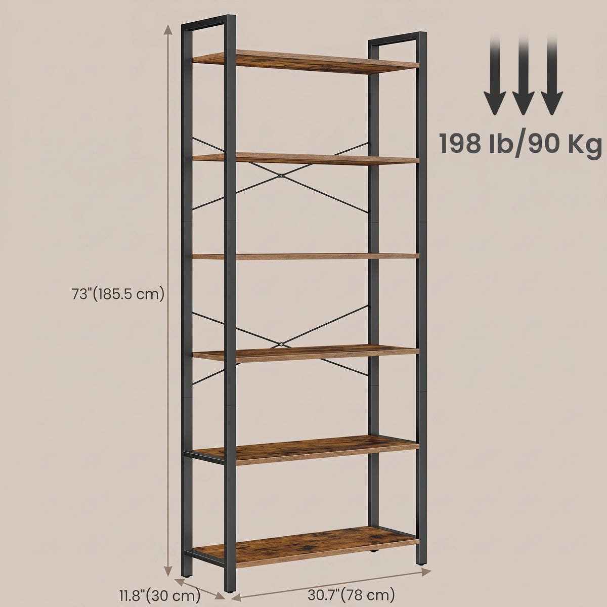 LEDREM 6-Tier Bookshelf, Freestanding Bookcase for Home Office, Living Room, Industrial, Rustic Brown and Matte Black