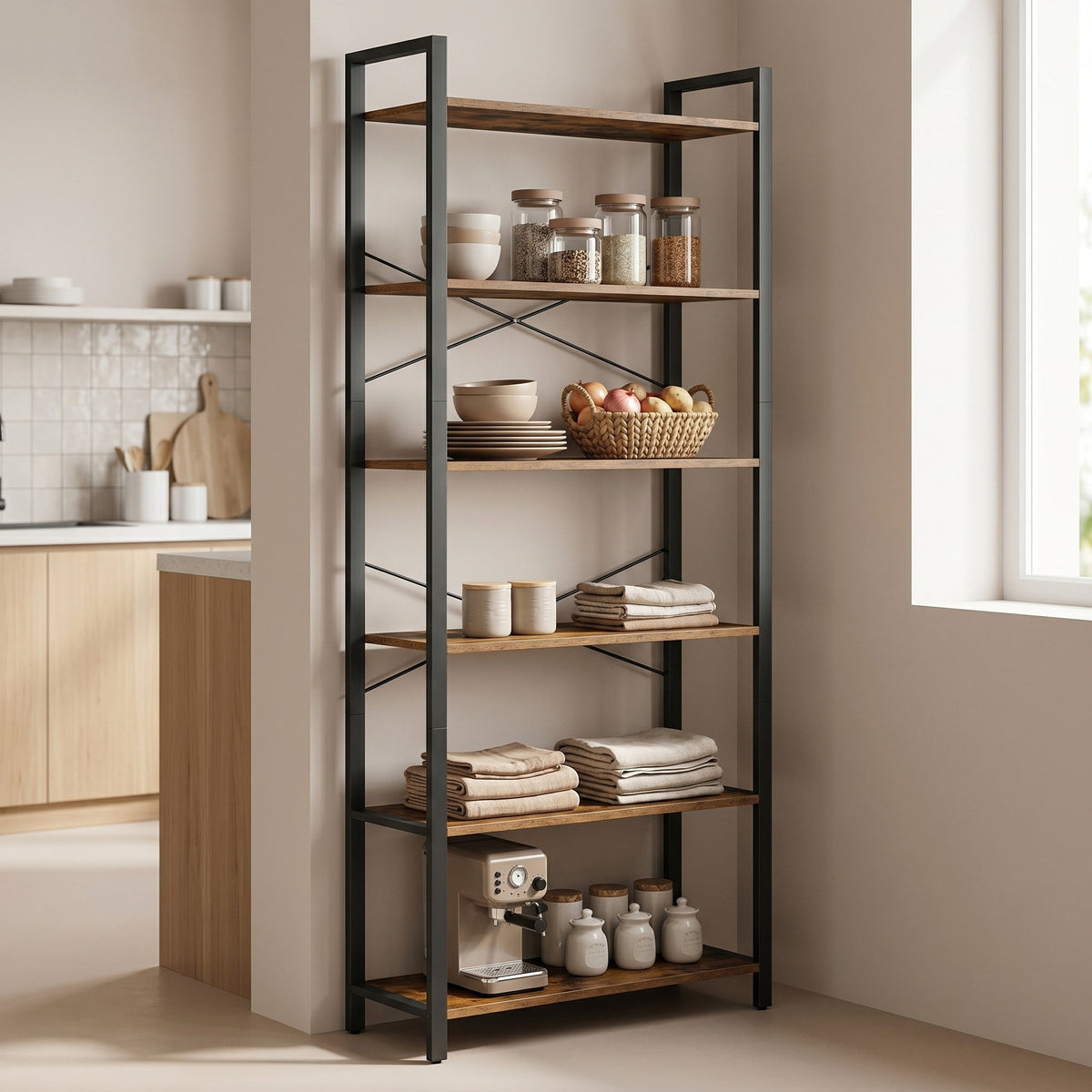 LEDREM 6-Tier Bookshelf, Freestanding Bookcase for Home Office, Living Room, Industrial, Rustic Brown and Matte Black